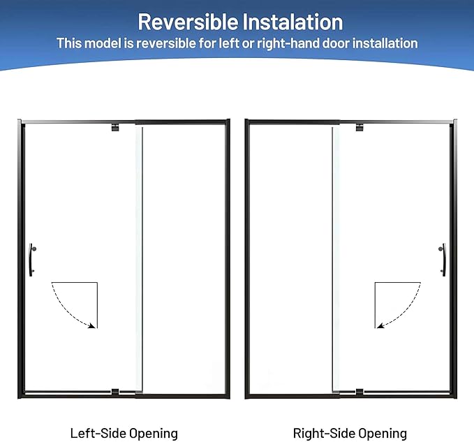 Pivot Glass Shower Door, 44–48" W x 71" H, 1/4"(6mm) Clear SGCC Tempered Glass, Matte Black Finish, Magnetic Closure, Reversible Installation