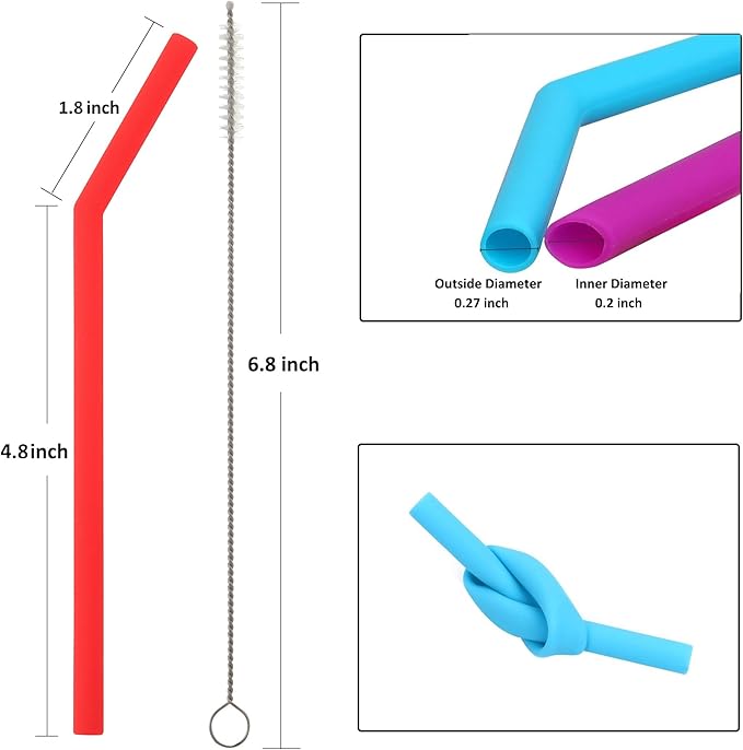Reusable Silicone Straws for Toddlers & Kids - 6 pcs Flexible Short Drink 6.6" Straws for 6-10 oz Yeti/Rtic/Ozark Tumblers & 2 Cleaning Brushes - BPA Free, no Rubber Tast