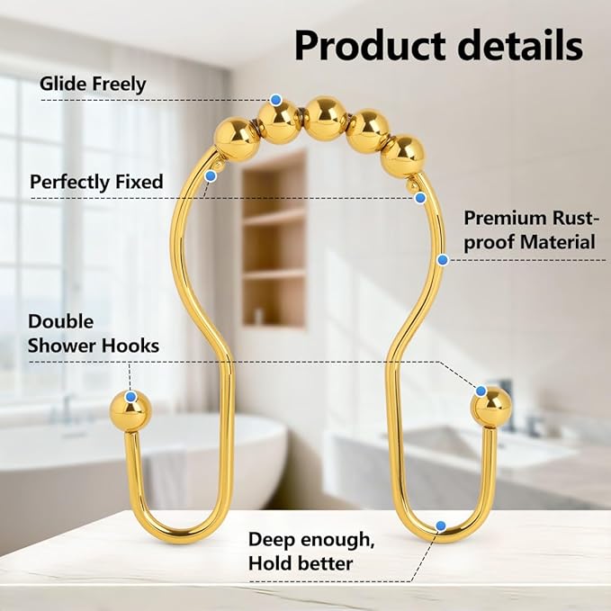 Double Shower Curtain Hooks, Sturdy Metal Nickel Shower Curtain Rings, Glide Roller Shower Hooks,Rust Proof Anti-Drop Curtain Hooks, 12 Pcs Smooth Sliding Rings for Bathroom Shower Rods Curtains