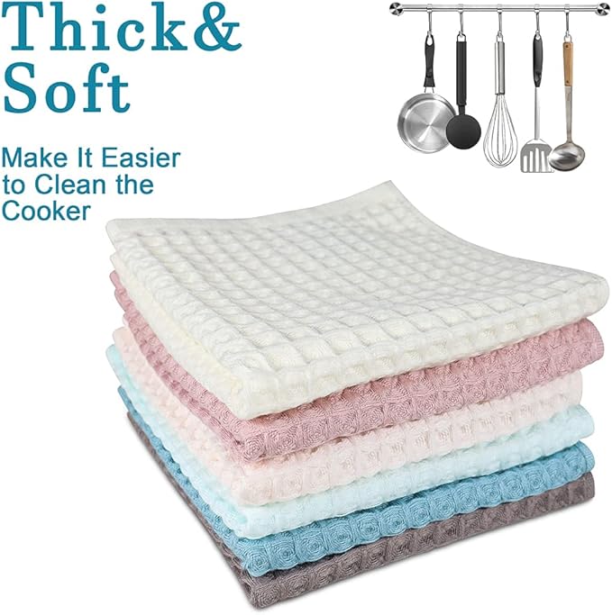 6 Pack Waffle Weave Dish Cloths, 13x13 Inch 100% Cotton Kitchen Towels for Washing Dishes - Super Absorbent, Quick Drying Dish Rags (Mixed Colors)