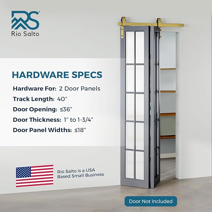 Rio Salto Gold Bifold Sliding Barn Door Hardware Kit Heavy Duty Metal Track System with Matching Knobs Gold Bi-Fold Barn Door Bifold Closet Doors, Bi-Folding 40" Track for 2 Doors, 2 Rollers No Door