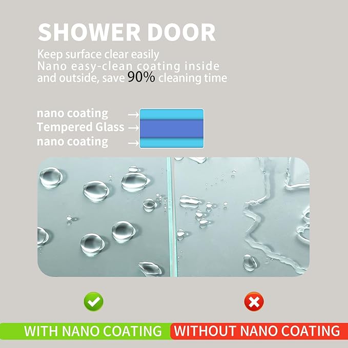 Shower Screen 36" x 76" Half Frameless Shower Wall Panel, Tempered Glass 3/8 inch, Easy to clean Coating, Fixed Glass Shower Door with Hardware (Brushed Gold)