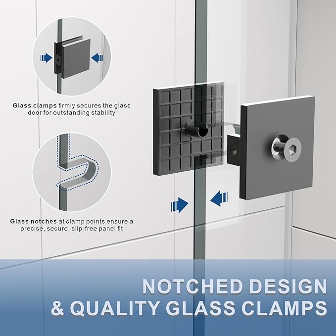 43" W ×80" H Shower Glass Panel, Frameless Fixed Glass Shower Panel with Clamps, 3/8" (10mm) Thick Clear Certified Tempered Shower Door, Bathroom Shower Screen in Matte Black UKH07B2-43X80-MBL