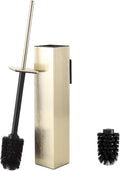 Toilet Brush and Holder Wall Mounted, Brushed Gold Aluminum with 2 Replaceable Heads, Bathroom Toilet Brush, Drill or 3M Adhesive Mount, Removable Liner and Splash Guard, Modern Square Design