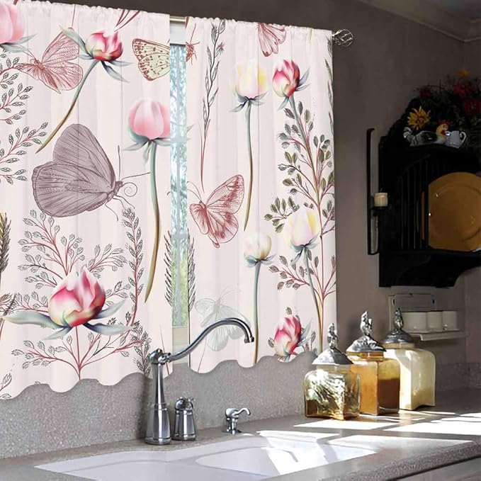 Pink Floral Kitchen Curtains Pretty Elegant Peony Rose Lovely Butterfly Short Tier Curtains for Bathroom Cafe Small Window Drapes Treatment 2 Panels (27.5x39 Inch)