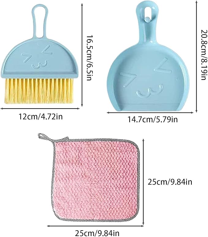 3 Pcs Mini Broom and Dustpan Set with Pink Towel, Small Brush Handheld Broom, Hangable Dustpan for Cleaning Tables, Sofas, Cars, Keyboards, Kitchen Countertops