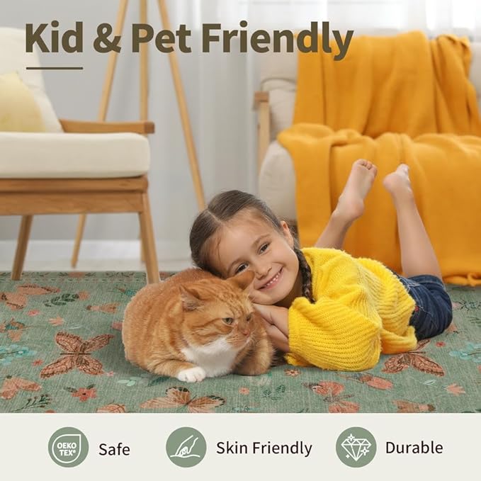 3x5 Rug for Entryway Bedroom, Green 3x5 Washable Area Rug, Floral Vintage Retro Boho Throw Rug, Non Slip & Low Pile Small Carpet for Indoor Kitchen, Bedside, Living Room, Bathroom and Dining
