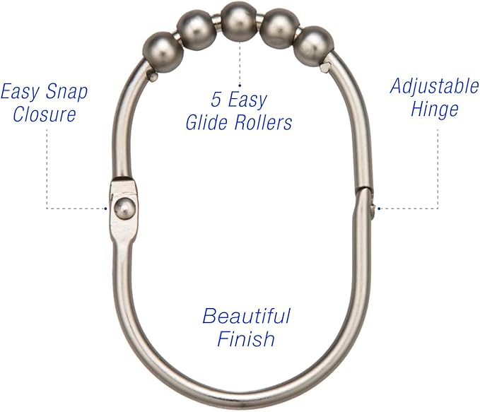 2 Lb. Depot Wide Shower Curtain Rings - Set of 12 Easy Glide Rollers with Polished Nickel Finish - Stainless Steel Shower Hooks for Straight and Curved Rods - Decorative and Durable for Any Bathroom