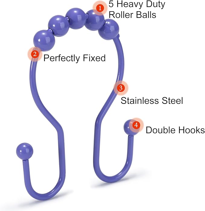 Goowin Shower Curtain Hooks, 12 Pcs Shower Curtain Rings, Stainless Steel Shower Curtain Hangers, Double Hook Shower Curtain Hooks, Smooth Sliding Anti-Drop Shower Rings for Curtain (Purple)