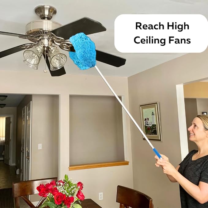 Evelots Ceiling Fan Blade Brush Cleaner - Long Extension Pole - Brush Both Sides at The Same Time - Scratch Resistant Microfiber Feather Cobweb Duster - Extra Long with Reach up to 12 Feet