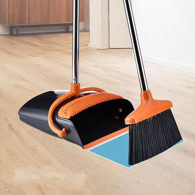 ECO CREST-Mini Dust Pan and Broom Set Long Handle Sweeping Set PP PET Black & Orange Broom Height 124cm Dustpan Height 122cm Upright Standing Cleaning Tools for Home & Office