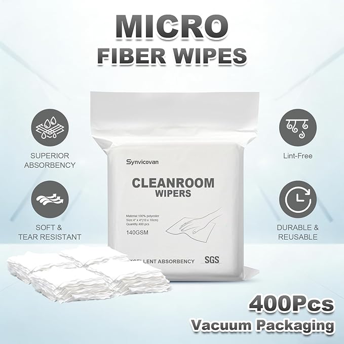 Cleanroom Wipers 4"x4"(400 Pcs, 100% Polyester, Class 100, 140GSM) Double Knit 100% Lint Free Cloths with Ultra-fine Filaments, Laser Sealed Edge Ultra-Soft Wipers