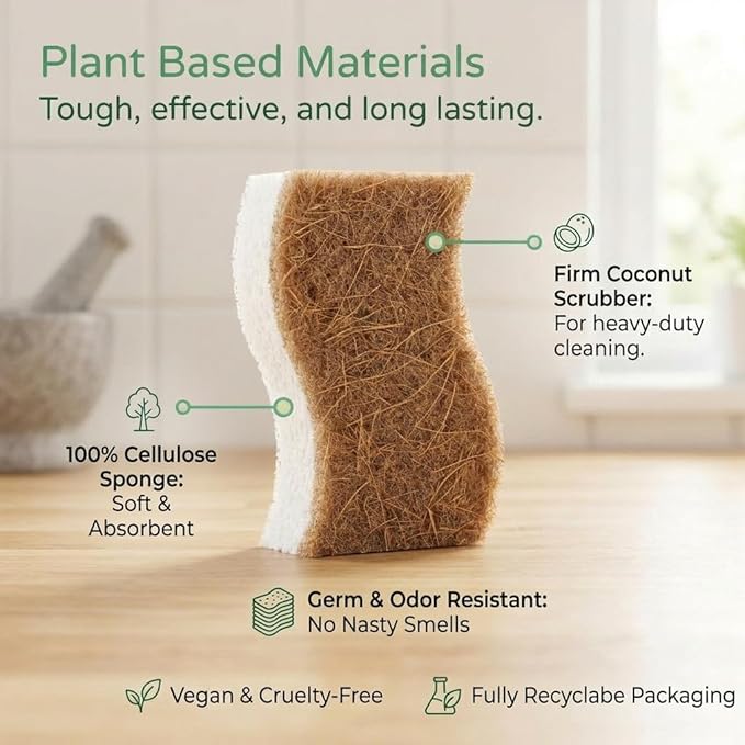 6 Pack Natural Kitchen Sponges, Compostable White Cellulose & Organic Coconut Scrubber Sponge for Washing Dishes, Kind Eco Friendly Non Toxic & Biodegradable Dishwashing Sponges