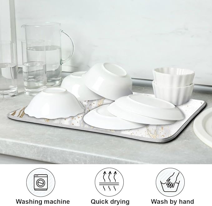 Marble Dish Drying Mat for Kitchen Counter White Golden Marble Gary Grey Drying Mats Super Absorbent Reversible Microfiber Kitchen Countertop Protector Dishes Pad Large 18x24 inch