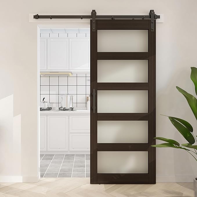 BARNSMITH 30in x 84in Glass Barn Door with 5FT Sliding Door Hardware Kit Included & Handle,5-Panel Frosted Glass Solid Wood Slab with Water-Proof PVC Surface,Pre-Drilled Easy Assembly,Brown