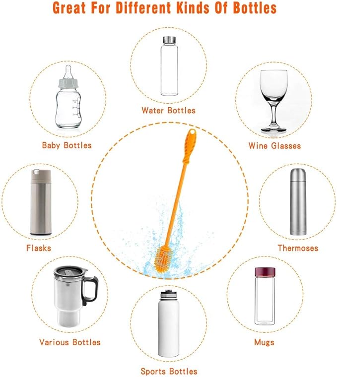 Silicone Bottle Cleaning Brush with Long Handle,12.5" Water Bottle Cleaner for Baby Bottles, Hydro Flask, Sports Bottle, Vase, Glassware, Perfect for Smaller Diameter Bottle Openings (One Pack)