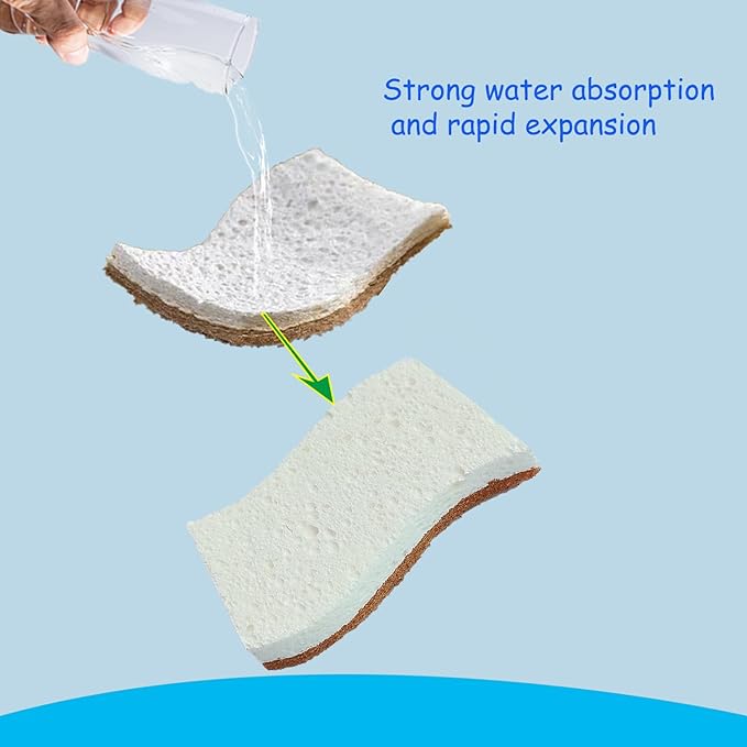 12Pcs Biodegradable Natural Kitchen Sponge - Non-Scratch Dish Sponges, Biodegradable & Compostable Cellulose with Coconut Fiber Cleaning Sponge for Kitchen, Dishes, Bathroom, Household.