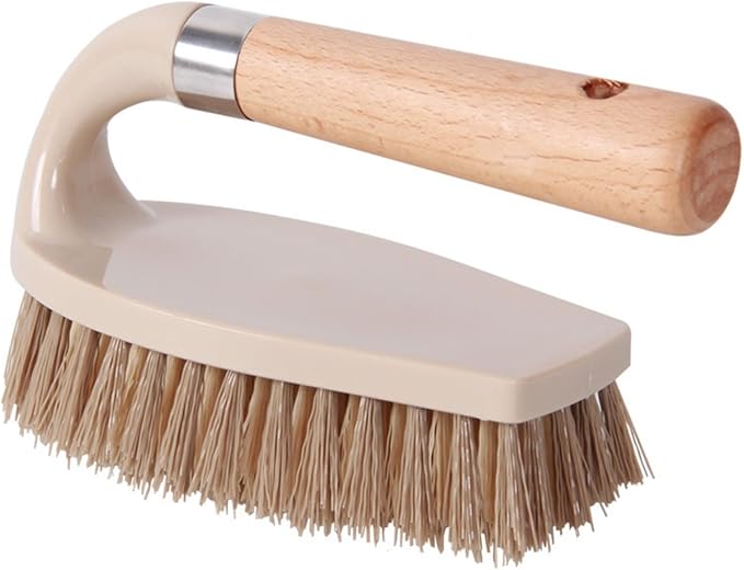 Stiff Bristle Brush, Powerful Cleaning Brush with Wooden Handle for Comfortable Grip. Ideal for Bathrooms, Tiles, Sinks, Carpets, Pools, Garages, and Floor Cleaning. (Gray)
