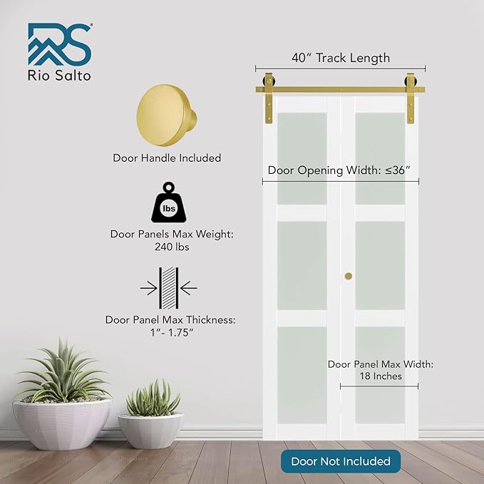 Rio Salto Gold Bifold Sliding Barn Door Hardware Kit Heavy Duty Metal Track System with Matching Knobs Gold Bi-Fold Barn Door Bifold Closet Doors, Bi-Folding 40" Track for 2 Doors, 2 Rollers No Door