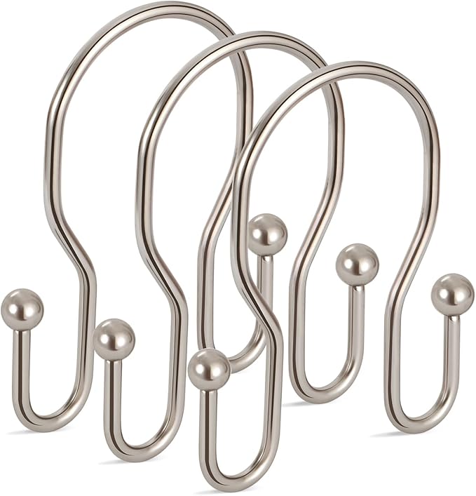 12 Pack Double Shower Curtain Hooks Rings, TENOVEL Double Sided Shower Curtain Hooks Rust Proof for Shower Curtain, Stainless Steel Bathroom Shower Hangers Rings for Shower Rods, Brushed Nickel