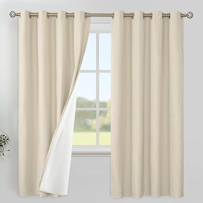 YoungsTex 68 Inch Length Natural Linen Blackout Curtains for Bedroom, Thermal Insulated Drapes with Grommet Room Darkening Privacy for Living Room with White Liner, 2 Panels, 52 X 68 Inch