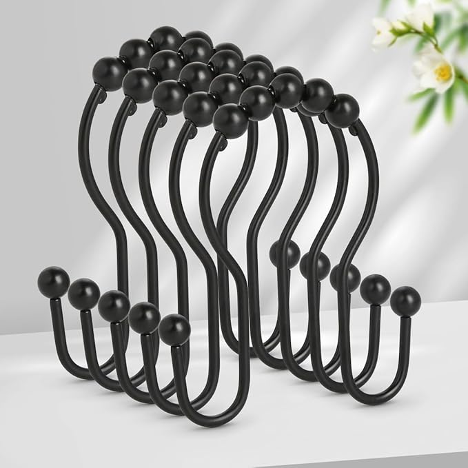 Shower Curtain Hooks, Sturdy Metal Black Shower Curtain Rings, Glide Roller Double Shower Hooks, Rust Proof Anti-Drop Curtain Hooks, 12 Pcs Smooth Sliding Rings for Bathroom Shower Rods Curtains