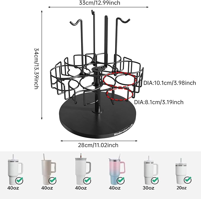 Water Bottle Organizer for Cabinet or Counter - Rotating Non-Slip Tumbler Organizer Holder for Stanley 40 Oz Cup with Handle - 2-In-1 Tumbler Display Storage Rack & Water Bottle Drying Rack - Black