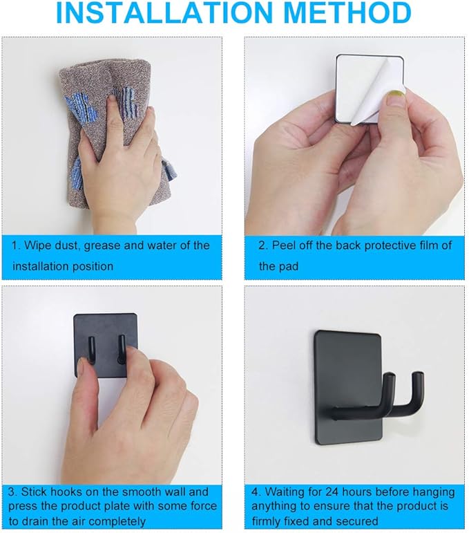 Shower Hooks, Adhesive Wall Hooks for Hanging Keys, Hats, Sticky Bathroom Hooks, Black Towel Hooks, 4 Pack