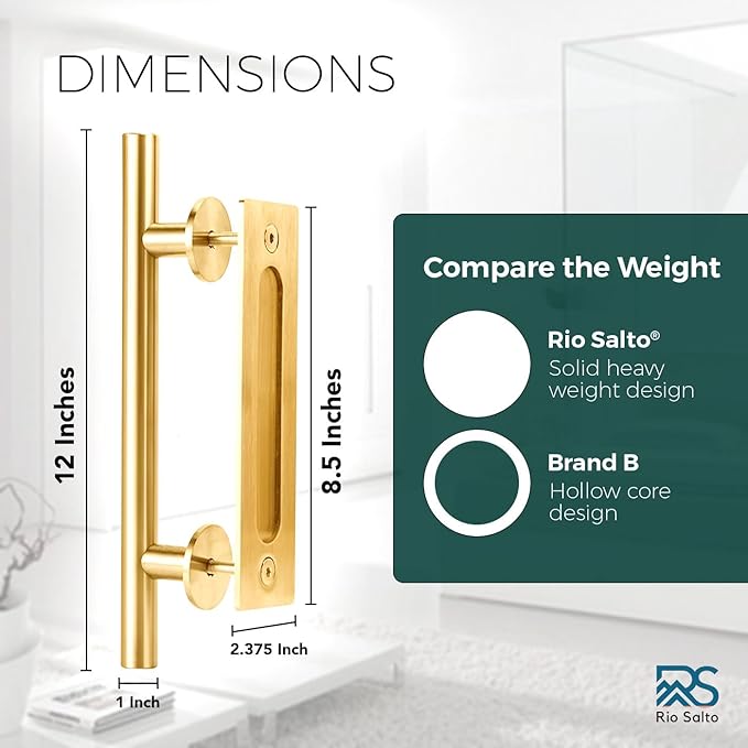 Rio Salto Gold Barn Door Hardware Kit Adjustable Length Sliding Door Hardware Modern Barn Interior Brushed Brass Panel Hardware (Hardware Kit Plus, 8ft - Single Door)