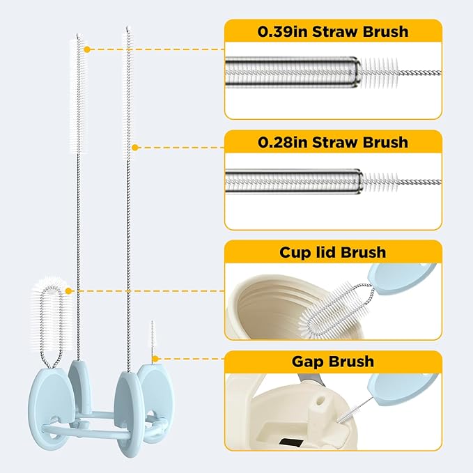 Straw Brush Set, 4 Piece Cleaner Kit with Standable Key Ring for Reusable Straws, Tumblers & Water Bottles – Designed for Kids & Adults, Blue