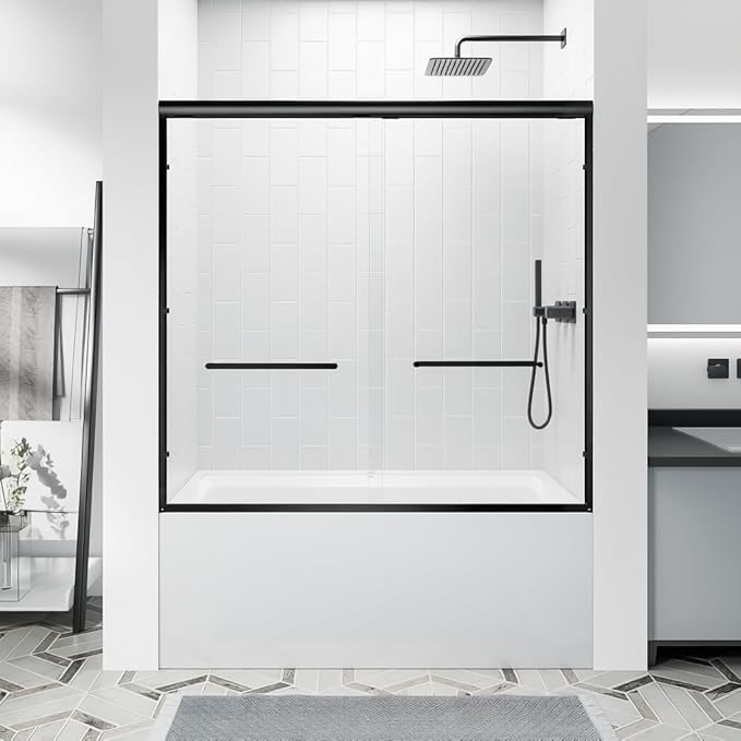 Double Sliding Bathtub Door 56-60“W x 57” H, Semi-Frameless Bath Tub Door - 1/4"(6mm) Tempered Glass Tub Shower Door with Explosion-Proof Film, Easy to Clean, Matte Black