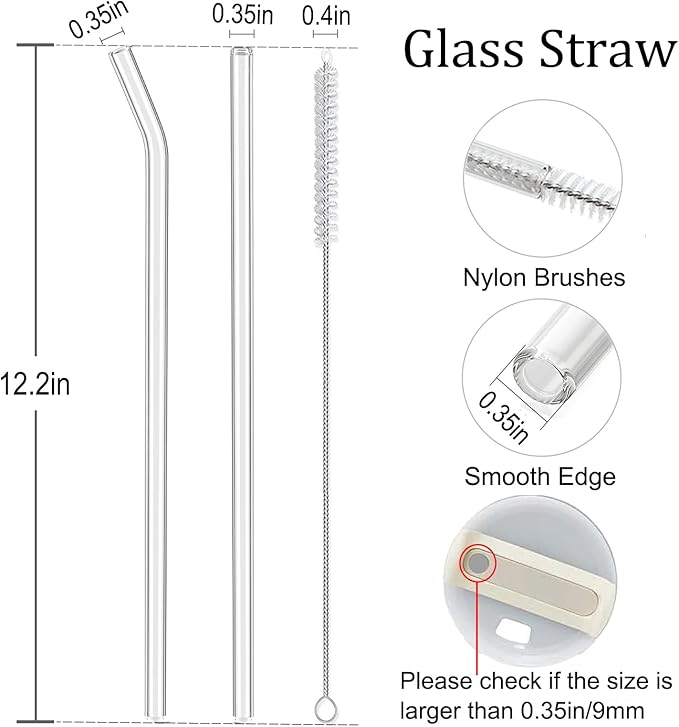 6 PCS Clear Glass Reusable Straws for Stanley 40 oz 30 oz Cup Tumbler, Shatter Proof, 6 Pack with Cleaning Brush