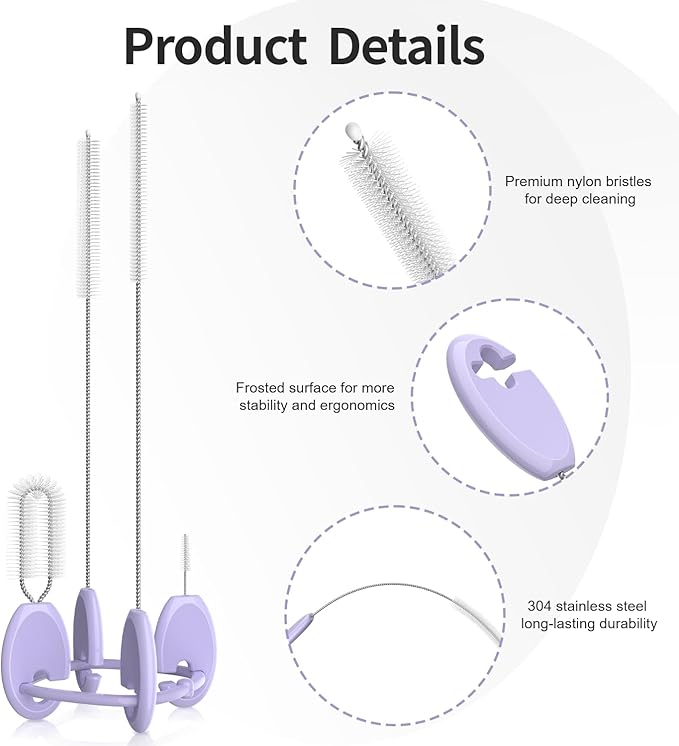 4in1 Straw Cleaner Brush Set, Standing Cleaning Brush Set Includes 7mm &10mm Straw Brushes, Cup Lid Brush, Crevice Brush, for Wide and Narrow Straws, Water Bottles, Cups and Lids, Purple