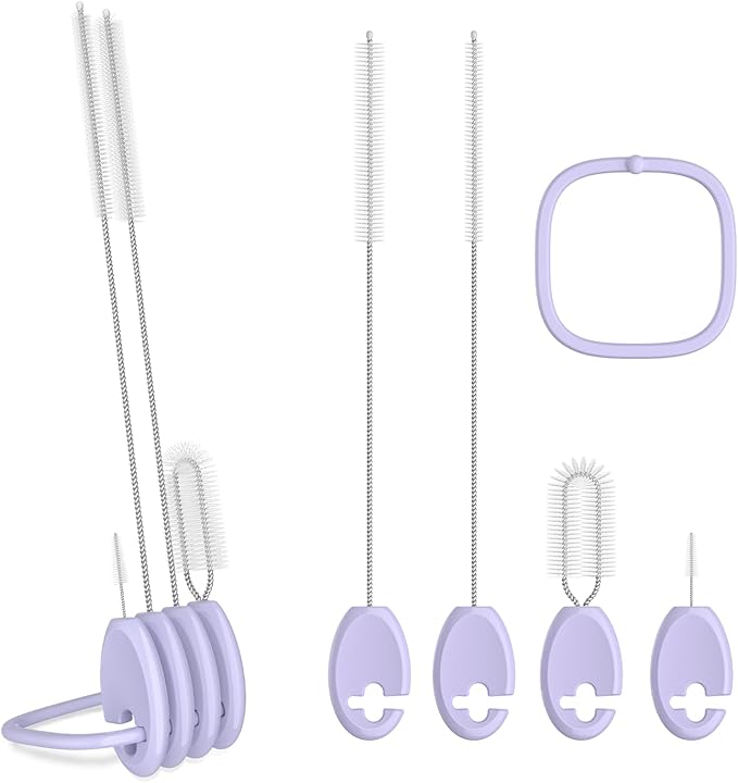 4in1 Straw Cleaner Brush Set, Standing Cleaning Brush Set Includes 7mm &10mm Straw Brushes, Cup Lid Brush, Crevice Brush, for Wide and Narrow Straws, Water Bottles, Cups and Lids, Purple