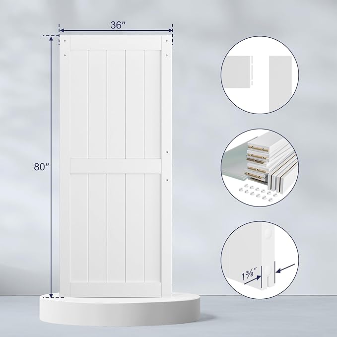 SmartStandard 36 x 80 inch White Sliding MDF Barn Door with 6.6FT Black Sliding Door Hardware Kit & Handle, Pre-Drilled Ready to Assemble, Waterproof PVC Coating, H-Frame