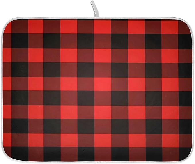 Christmas Red Black Buffalo Plaid Dish Drying Mat for Kitchen Counter Absorbent Microfiber Small Drying Pad Dish Mats for Kitchen Countertops 16 x 18 Inch