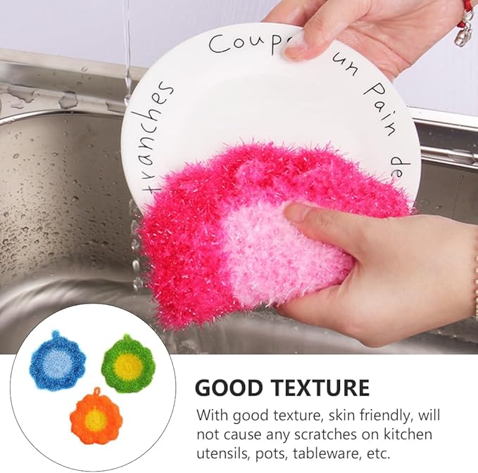 3Pcs Cute Flower Dish Scrubbers for Kitchen Korean Style Handmade Crochet Scouring Pads Non-Scratch Dish Sponges for Dishwashing Aesthetic Sink Decor Cleaning Puff