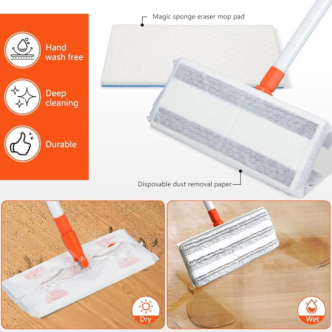 Mops for Floor Cleaning,55" Handle with 10" Flat Head with 4 Magic Sponge Eraser Pads、2 Microfiber Pad and 50 Dry Cleaning Cloths,for Mopping Home, Bathroom, Kitchen