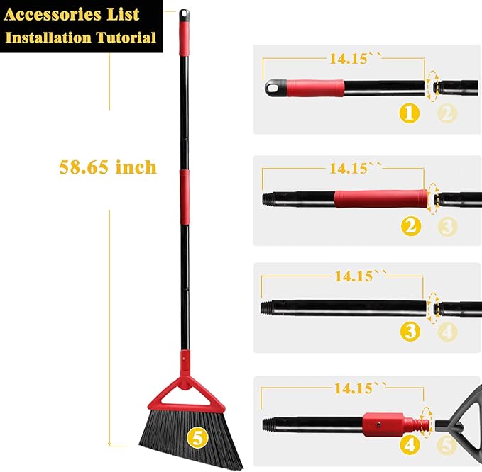 Heavy Duty Angle Broom, 3 Pack Longer Commercial Brooms, Swipe Brooms for Sweeping Indoor Outdoor, Perfect Red Broom of Kitchen, Garage, House, Restaurant