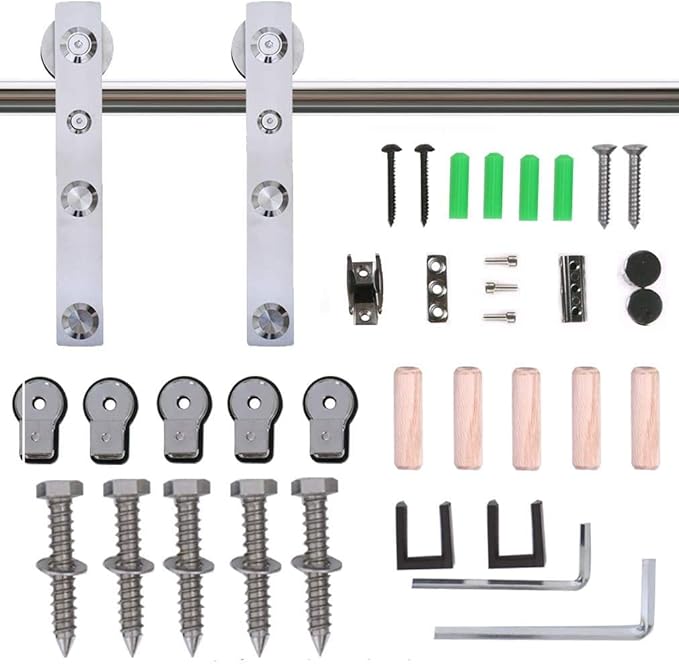 CCJH 5.2FT Stainless Sliding Barn Door Hardware Kit Heavy Duty for Single Wooden Door (Flat Shape Hanger)