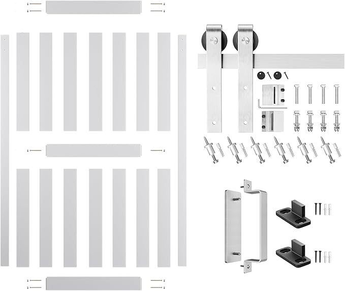 48''x84'' Sliding Barn Door with 8 Ft Brushed Nickel Hardware Kit& Handle& Floor Guides,Pre-Drilled Holes Easy Assembly - Include Installation Manual, Water-Proof PVC Surface, H-Frame