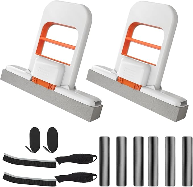 2 Pcs Mini Mop for Small Spaces, Foldable Self-Squeeze Wet and Dry Sponge Mop, Orange Portable Cleaning Small Mop for Desktop, Kitchen Counter, Bathroom Tile, Glass-with 6 Pads ,2 Brushes, and 2Hooks