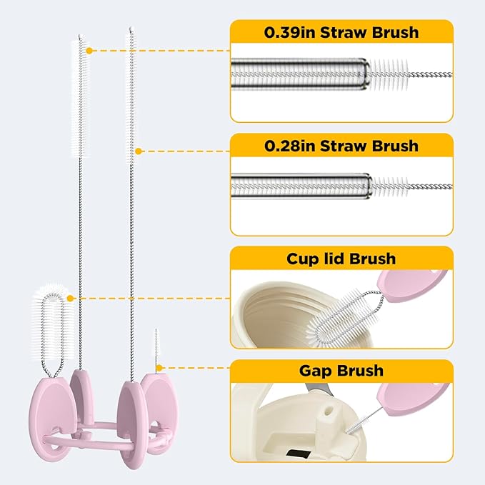 Straw Brush Set, 4 Piece Cleaner Kit with Standable Key Ring for Reusable Straws, Tumblers & Water Bottles – Designed for Kids & Adults, Pink