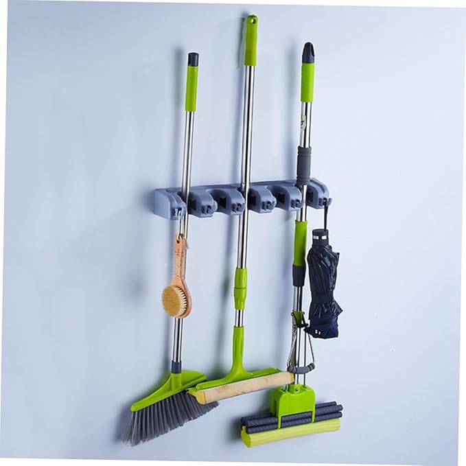 Cabilock Multi-purpose Wall Mounted Mop Holder with Friction Grips and Hooks Space-saving Tool Storage Rack for Bathroom Kitchen Garage and Garden Organization