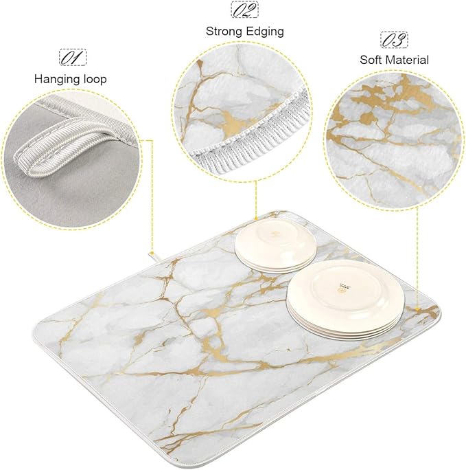 Marble White Dish Drying Mat 16x18 for Kitchen Golden Grey Marble Dishes Pad Dish Drainer Rack Mats Absorbent Fast Dry Kitchen Accessories