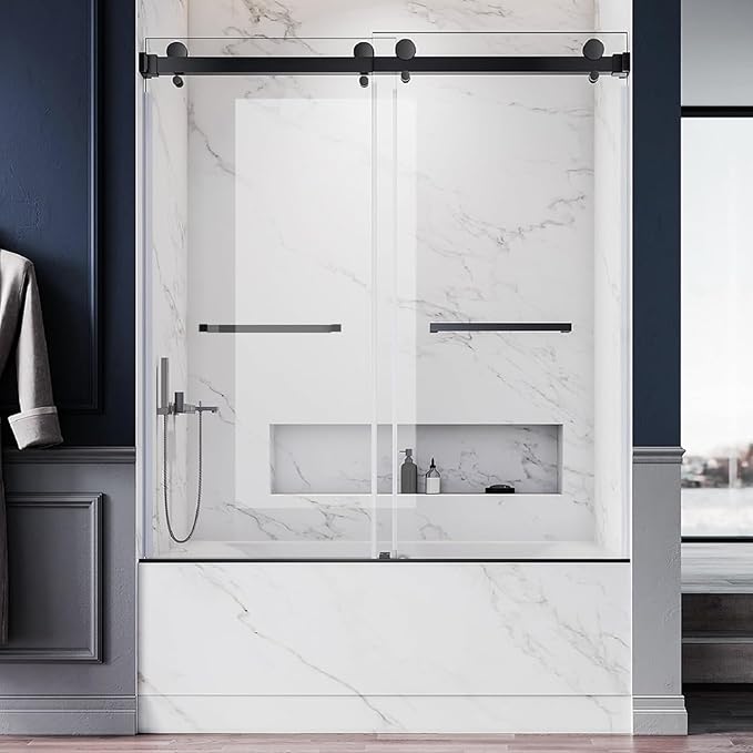 Frameless Double Sliding Shower Door 56-60'' W x 62'' H,Matte Black Stainless Steel Handles Glass Door for Bathtub,Tub Shower Door with 3/8" (10mm) Clear SGCC Tempered Glass