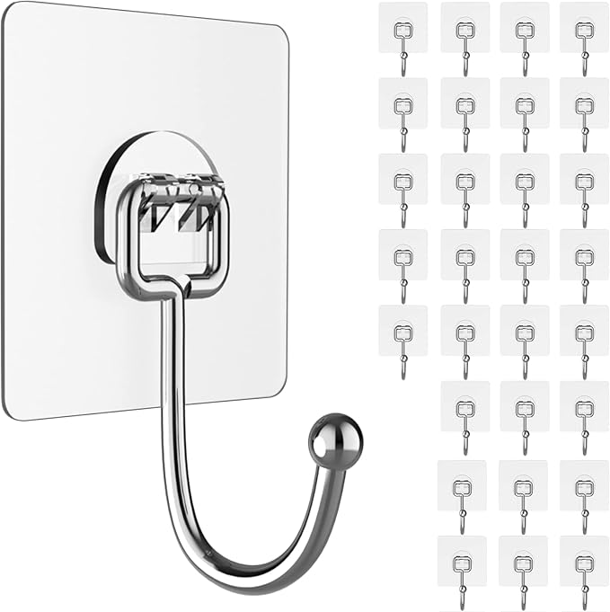 Large Adhesive Hooks for Hanging Heavy-Duty 44Ib(Max) 30 Packs, Wall Hangers without Nails Self-Adhesive Traceless Clear and Removable, Waterproof and Rustproof Multiple Uses for Bathroom Kitchen Home