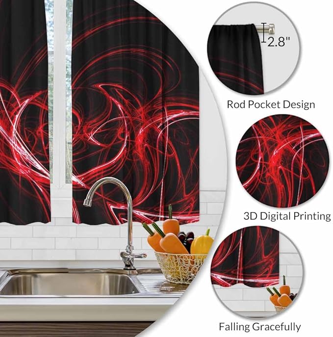 Red Circle Kitchen Curtains Abstract Red Circles Lines Black Mystical Short Tier Curtains for Bathroom Cafe Small Window Drapes Treatment 2 Panels (27.5x39 Inch)