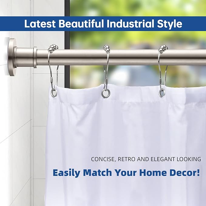 BRIOFOX Industrial Shower Curtain Rod - Spring Tension Shower Rod 43-72 Inch Tension Curtain Rod for Window or Bathroom, Satin Nickel