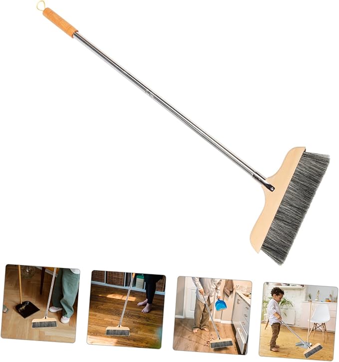 Wood Bristle Broom Heavy Duty Household Sweeper Long Handle Soft Bristle for Tile Surface Cleaning